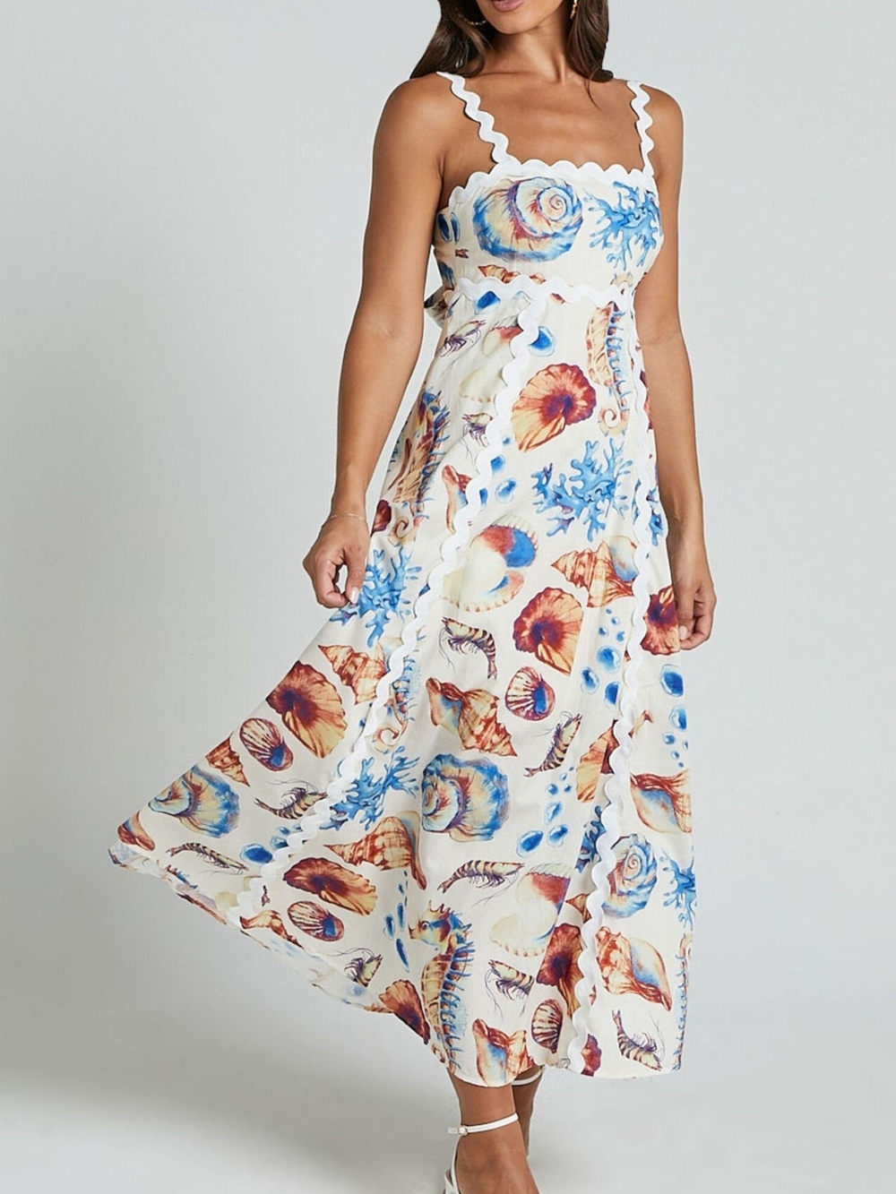 Scalloped Seashell Print Midi Dress - White/Blue/Coral